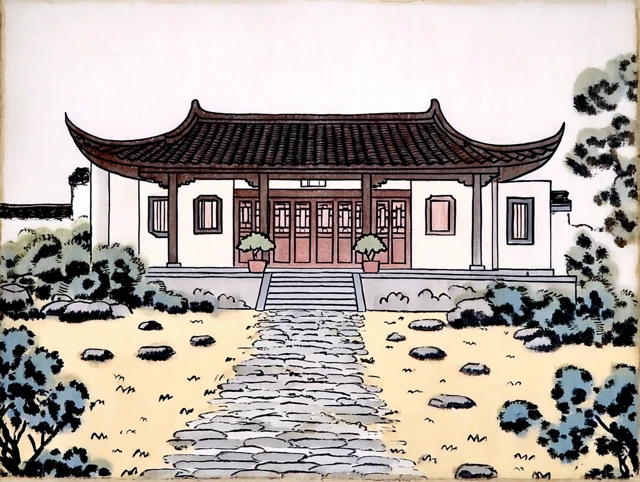 Chinese Courtyard in Ink Cartoon Style
