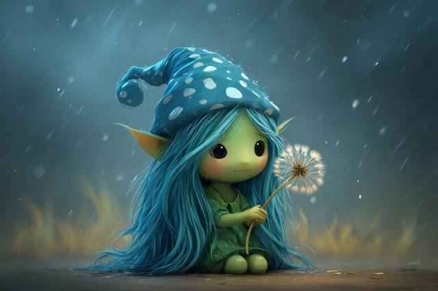 Cute Fairy with Blue Hair Holding Dandelion