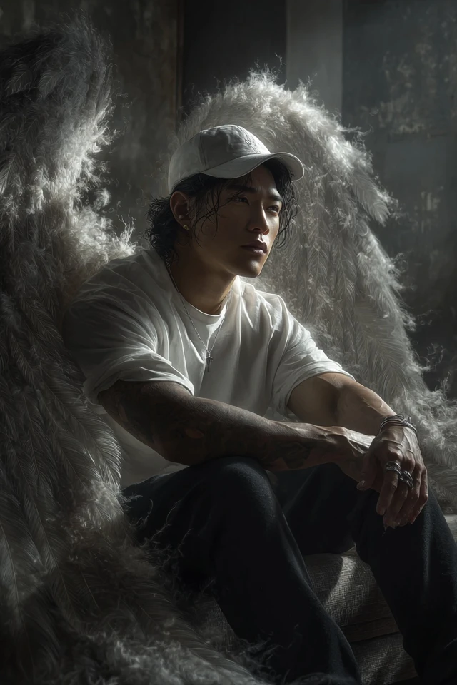 Asian Angel with Feathered Wings in Modern Apartment