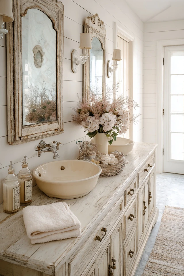 Vintage Bathroom Decor Shiplap Walls and Antique Vanity