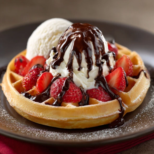Delicious Waffle with Chocolate Strawberries and Ice Cream