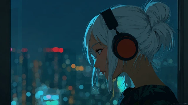 Anime Girl with Headphones Night City View