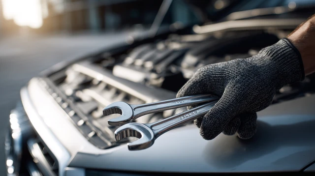 Mechanic Hand with Wrench Car Engine Bay
