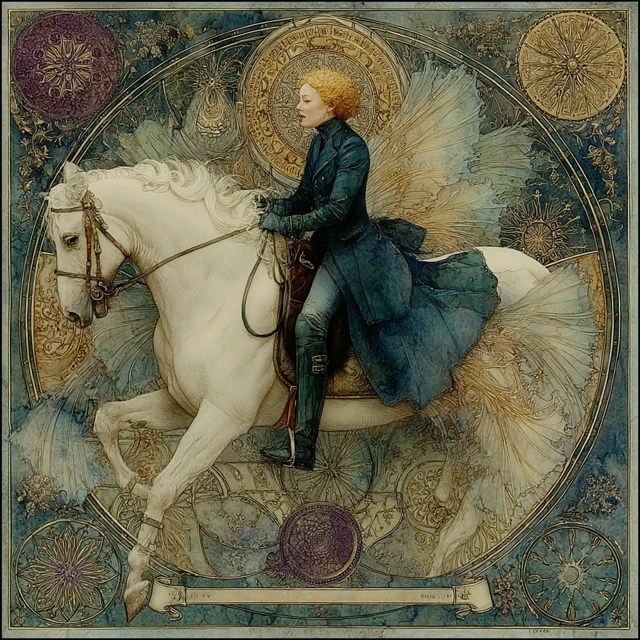 Equestrian Woman Riding Winged Horse in Klimt Style