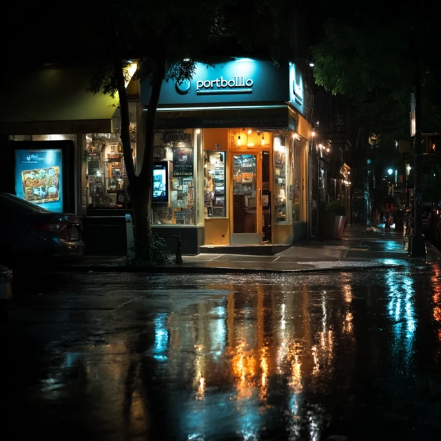 Portobello Restaurant at Night Reflections on Wet Asphalt