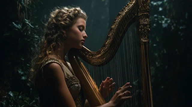 Ethereal Nymph Playing Harp Chiaroscuro Photography
