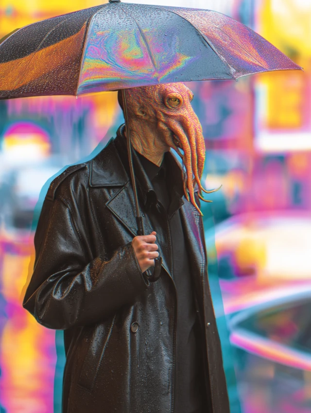 Rainy City Street Fashion With Octopus Head