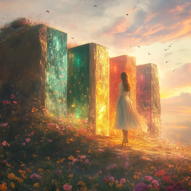 Dreamlike Scene Woman at Golden Cliff Doorways