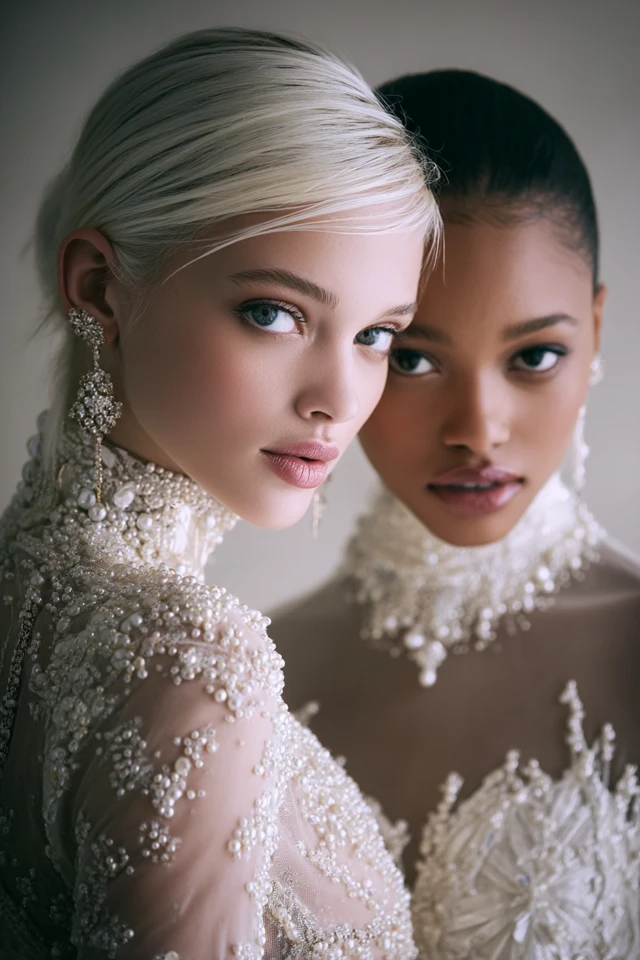 Elegant Models in Haute Couture Pearl Gowns