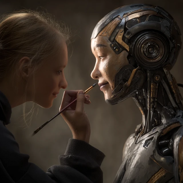 Woman Painting Robot Face Emotional Cinematic Scene