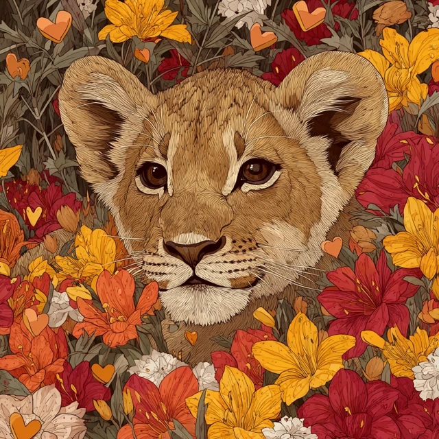 Lion Cub in Flowers and Hearts Illustration