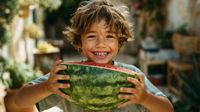 Smiling Boy with Watermelon Summer Fun