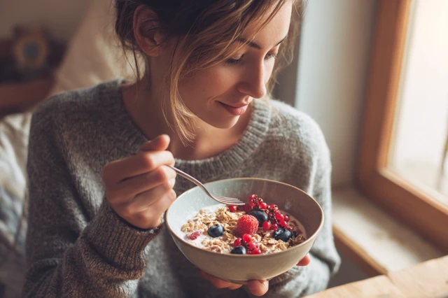 Woman Eating Quinoa Muesli with Berries Healthy Breakfast