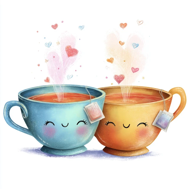 Cute Teacups Illustration: Cartoon Love and Tea Time