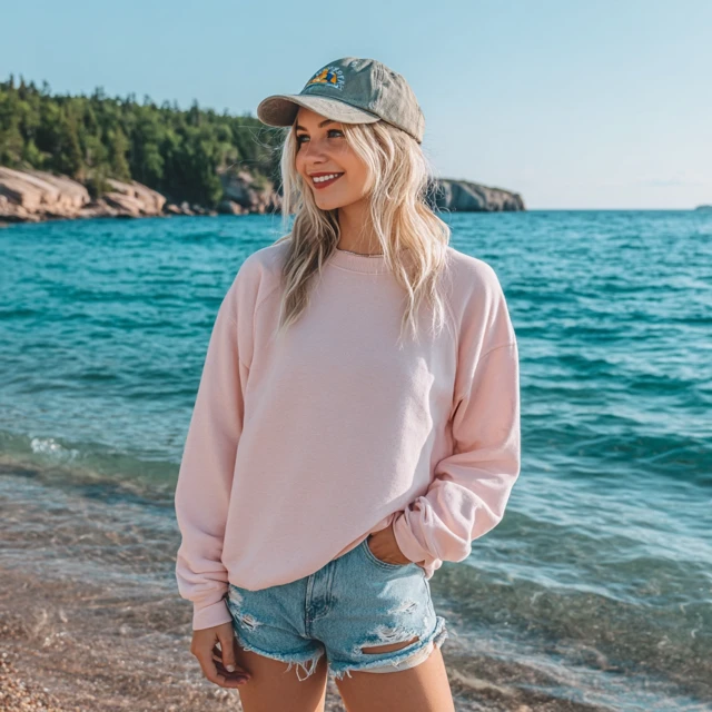 Cute Girl in Pink Sweatshirt on Beach