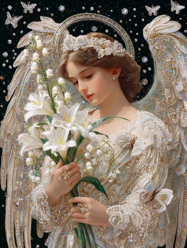 Angel with Roses and Lilies Diamond Painting