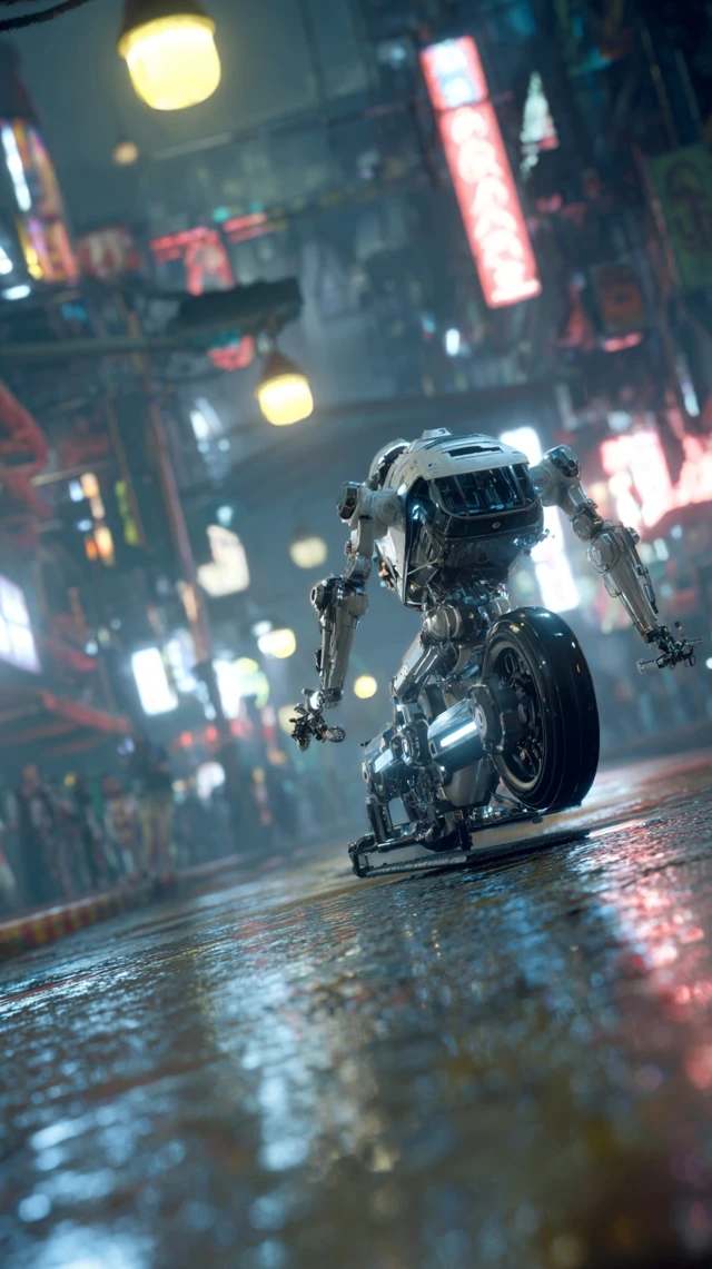 Cyberpunk Robot on Hoverboard