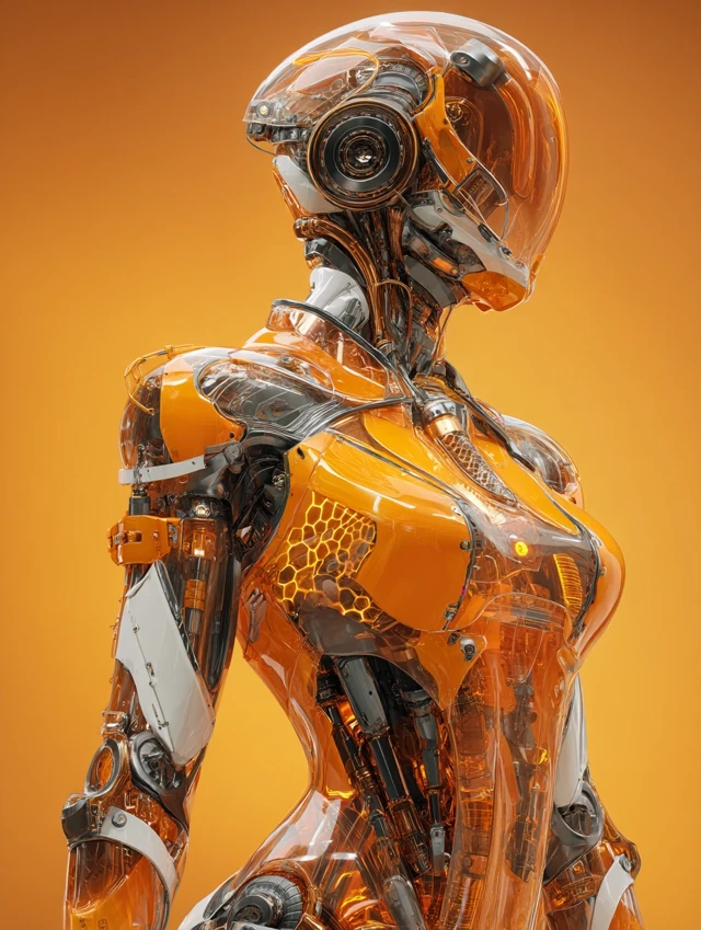 Futuristic Android: Orange Chrome Armor and AI Core