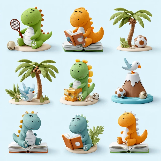 Cute Cartoon Dinosaurs Playing Sports and Reading