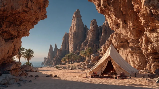 Saudi Desert Tent Scene Natural Rock Formations