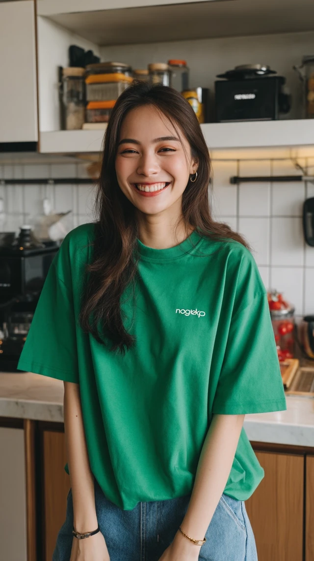 Smiling Thai Woman in Green T-Shirt in Kitchen