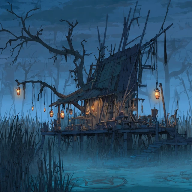 Swamp Witch Hut Dark Fantasy Art