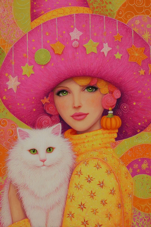 Whimsical Woman and Cat with Pink Hat Illustration