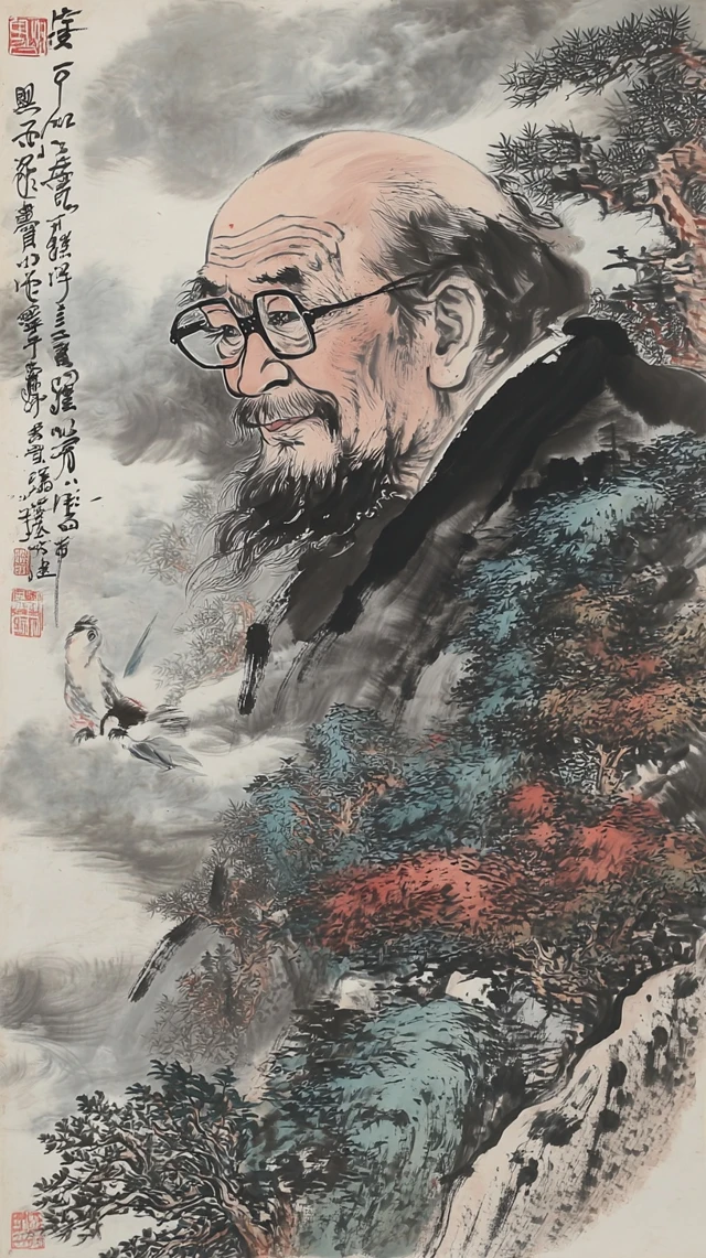 Ink Wash Portrait Elderly Man and Landscape Painting