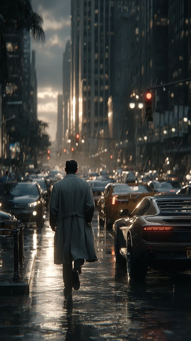 Man Walking Through Urban Chaos Calm and Focused