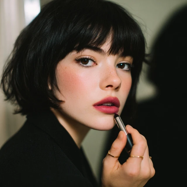 Beautiful Woman Applying Lipstick Confident Look