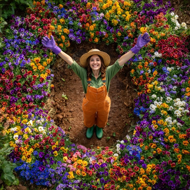 Happy Gardener with Colorful Pansy Flowers