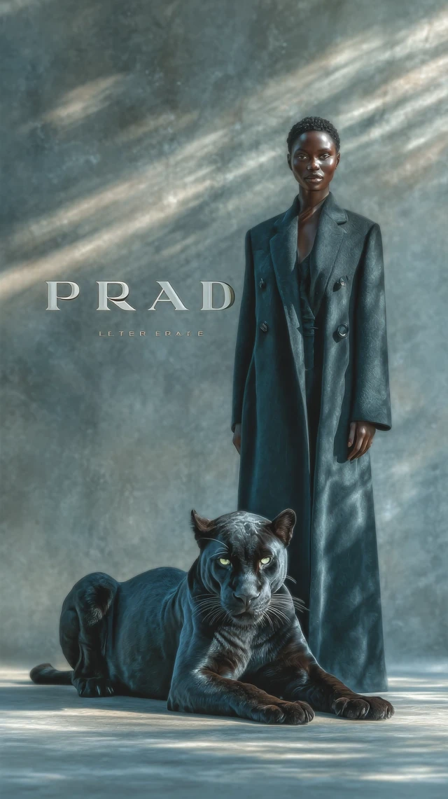 Black Woman in Elegant Coat with Pet Inspired by Vogue