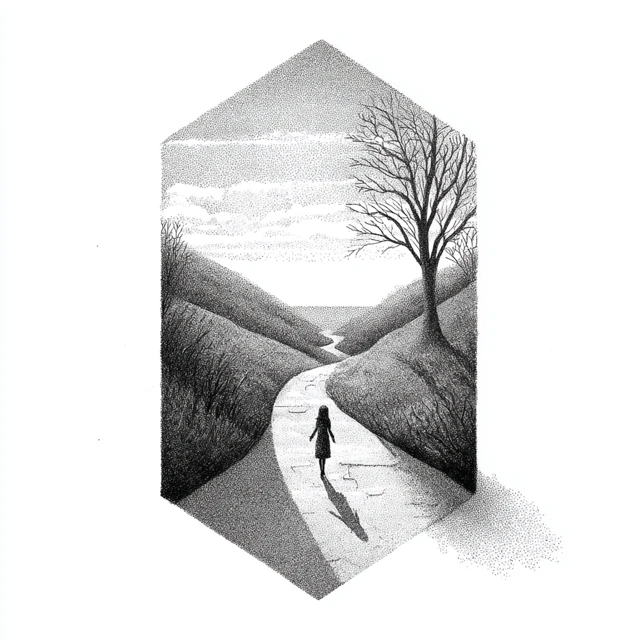 Girl Walking on Path Black and White Nature Illustration
