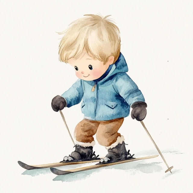 Cute Boy Skiing Watercolor Illustration for Nursery