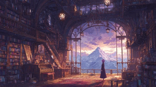 Anime Girl in Steampunk Library Mountain View