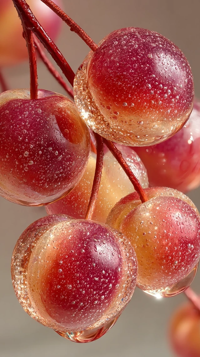 Glass Peaches Macro Shot: Dewdrops, Refraction, Sunlight