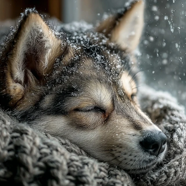 Lonely Husky Puppy in Snow Warm Portrait