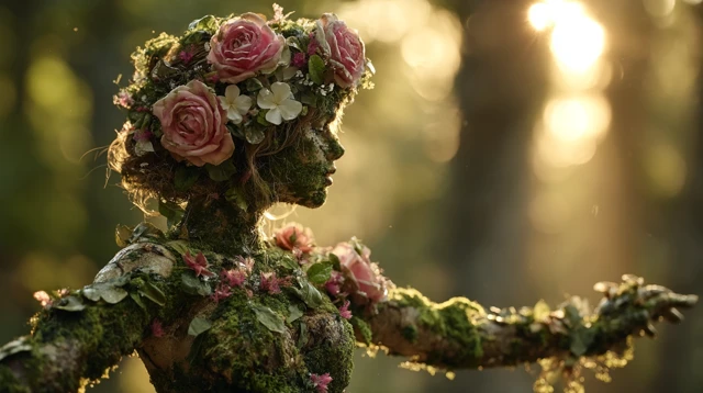 Nature Spirit Woman in a Forest Blossoming with Life