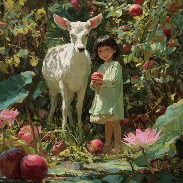 Girl and White Deer in the Garden