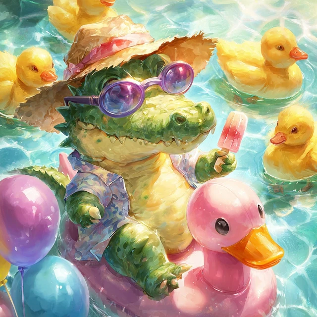 Cute Alligator with Ice Cream on a Rubber Duck