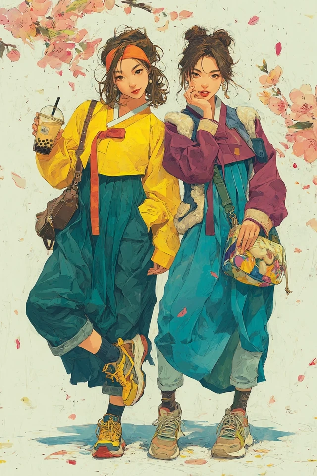 Korean Girls in Hanbok Fashion Illustration