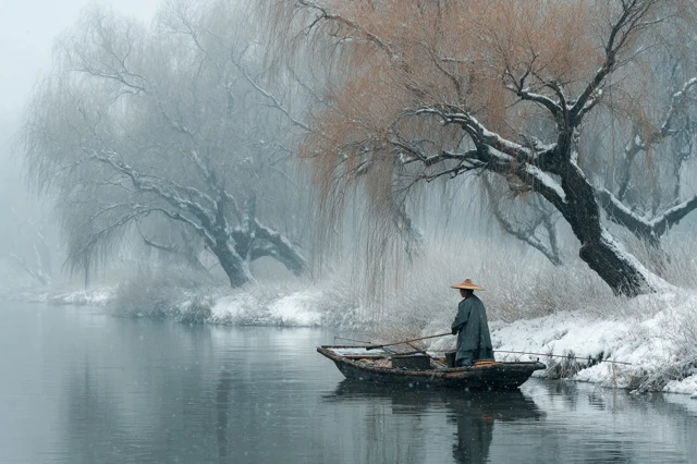Fisherman in Winter Snowy Landscape Ink Painting