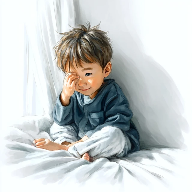 Japanese Toddler Boy Waking Up: Watercolor