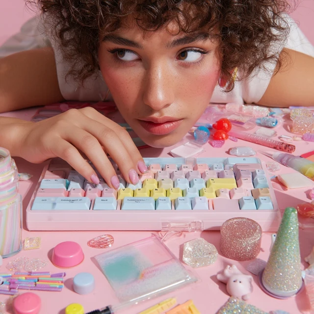 Y2K Editorial Model with Pastel Keyboard and Accessories