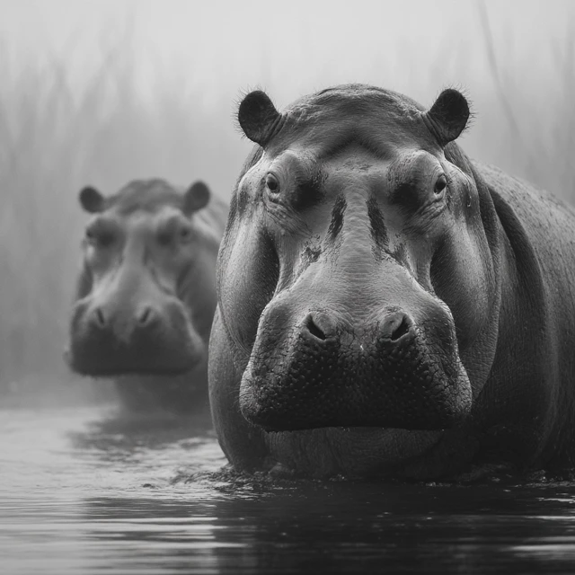 Hippos in Okavango Delta Black and White Photography
