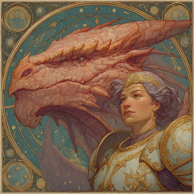Art Nouveau Celestial Dragon Rider Fantasy Illustration