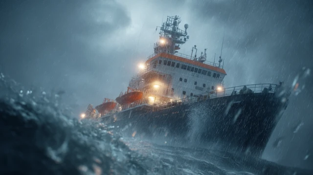 Industrial Ship Battling Storm Ocean Waves Photography
