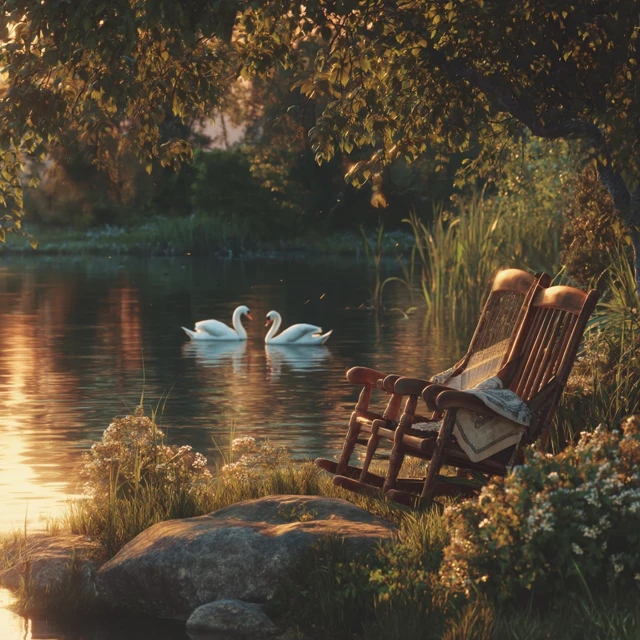 Summer Evening Scene Swans Lake Golden Sunset