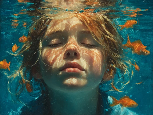 Underwater Serenity Oil Painting of a Girl with Fish