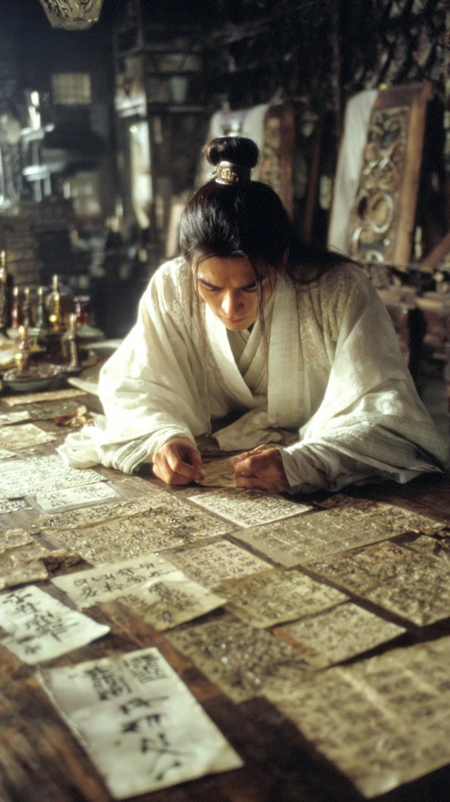 Chinese Wuxia Scholar Assembling Ancient Document